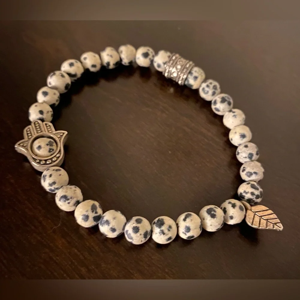 Dalmatian Jasper Hamsa Bracelet Spiritual Protection Stretch Beaded Bracelet